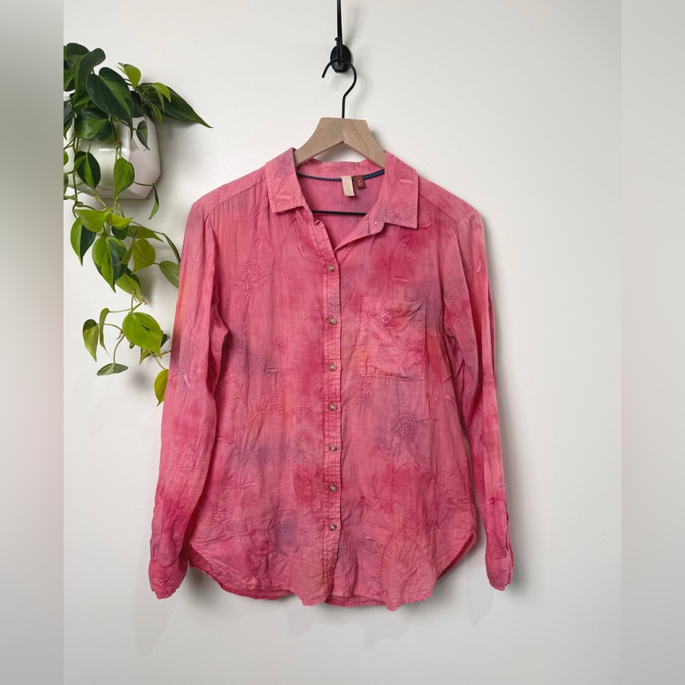 Pilcro Anthropologie Pink Embroidered Button Up Shirt Cotton Floral Boho XS